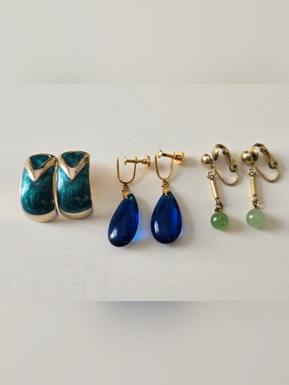 Gold Clip-On Earrings Set with Blue, Teal and Green Accents